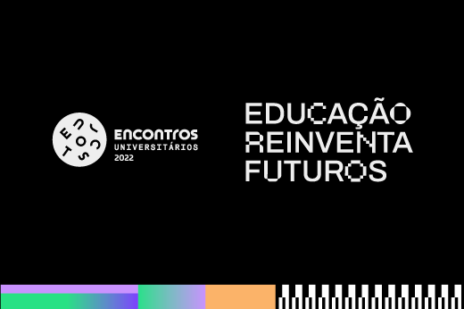 Imagem horizontal: fundo preto, do lado esquerdo logo dos Encontros Universitários 2022 e do lado direito escrito em branco "Educação reinventa futuros" (tema da edição deste ano).